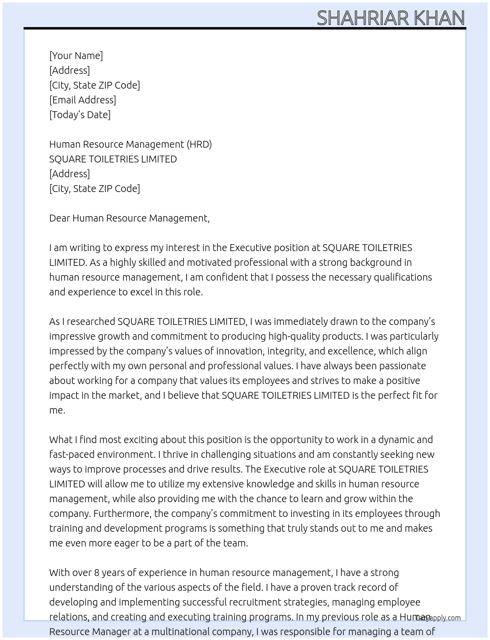 Executive At SQUARE TOILETRIES LIMITED Cover Letter
