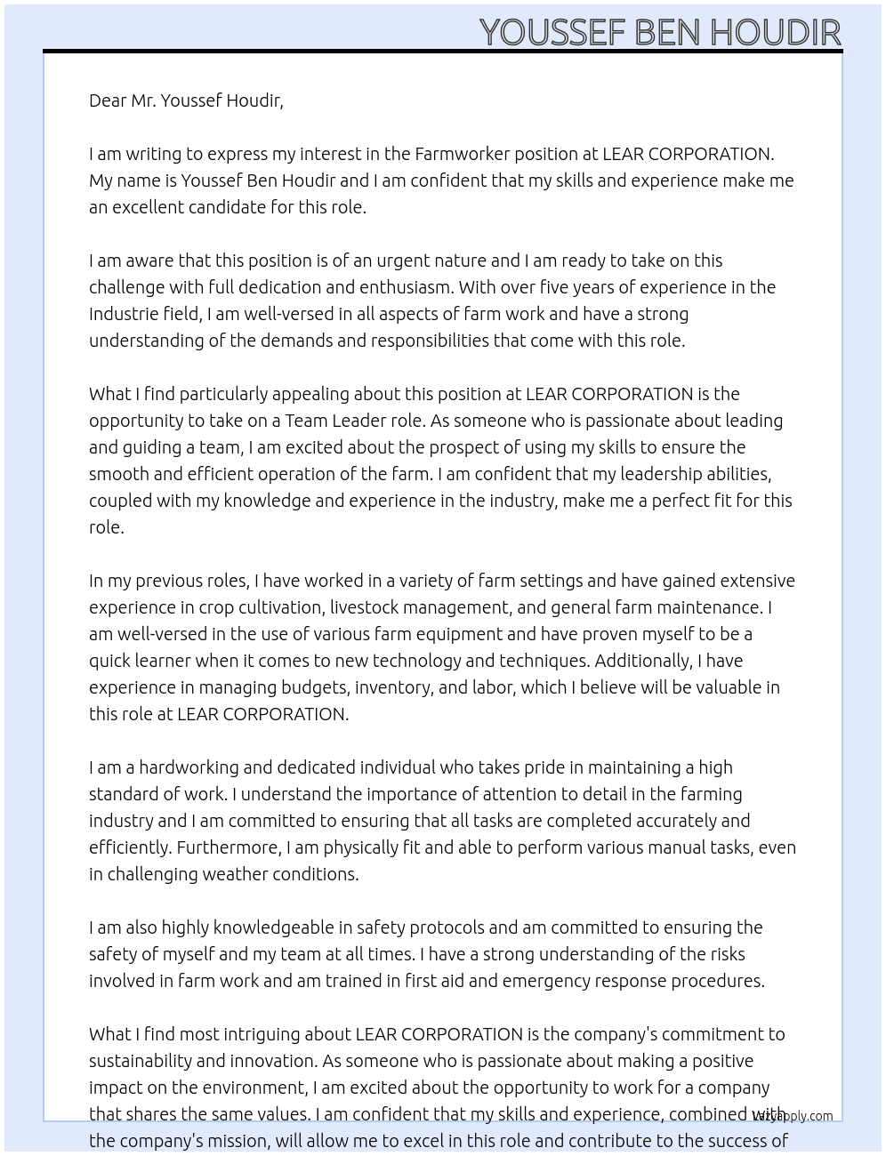 Farmworker At LEAR CORPORATION Cover Letter