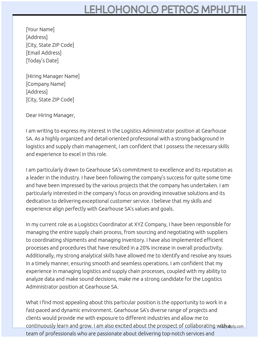 Logistics Administrator At Gearhouse SA Cover Letter