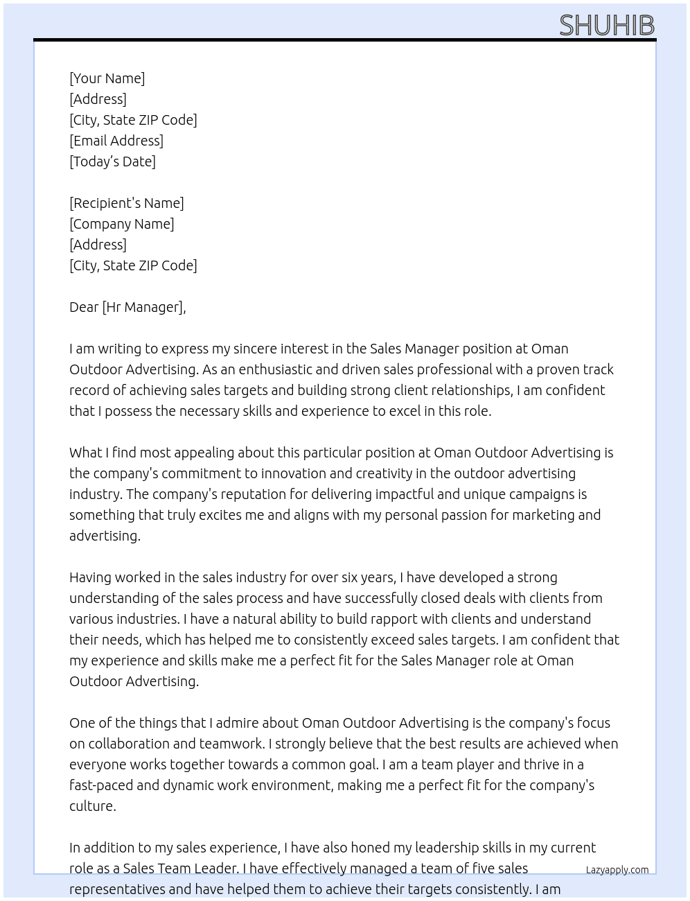 Sales Manager  At Oman Outdoor Advertising  Cover Letter