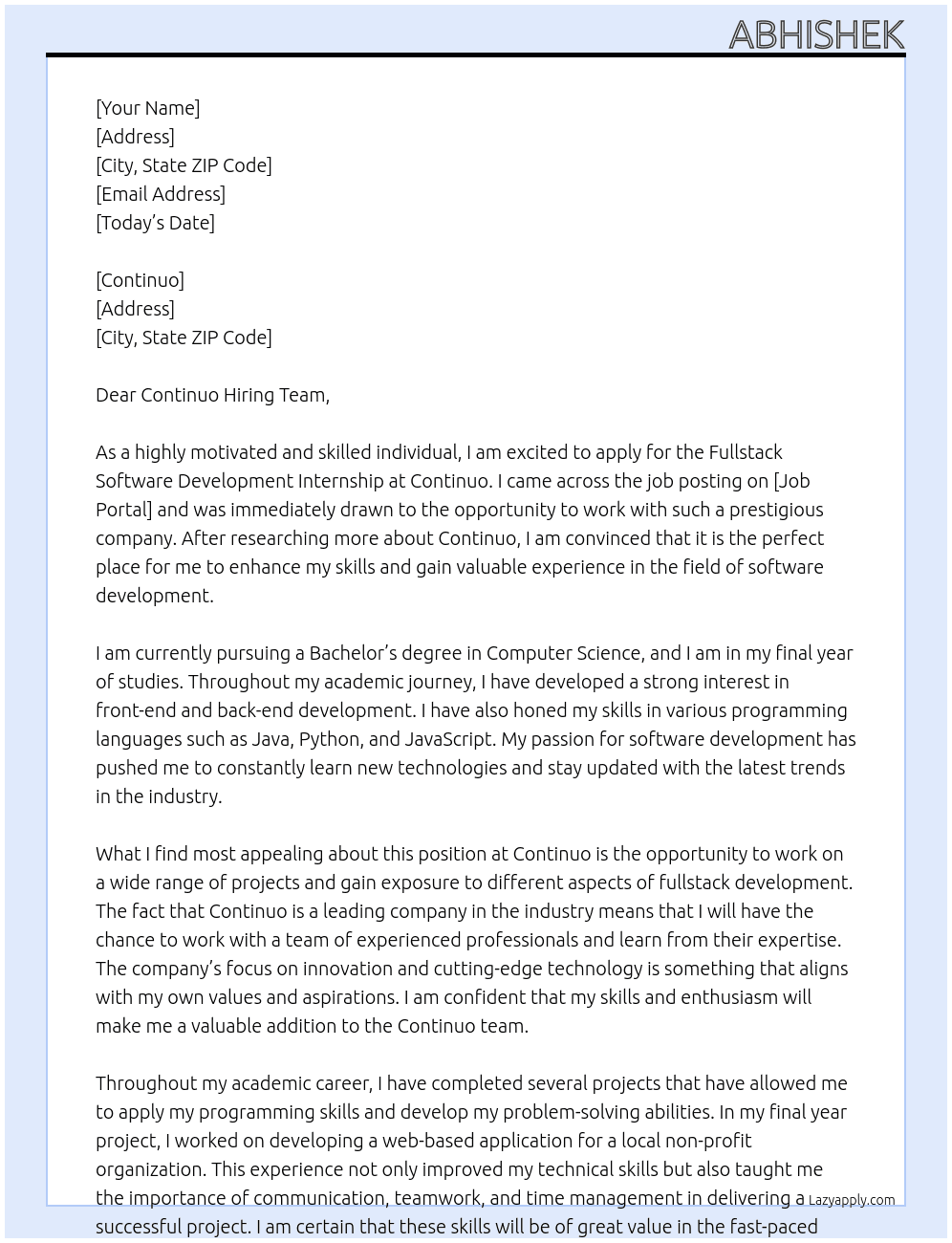 Fullstack Software Development Internship At Continuo Cover Letter