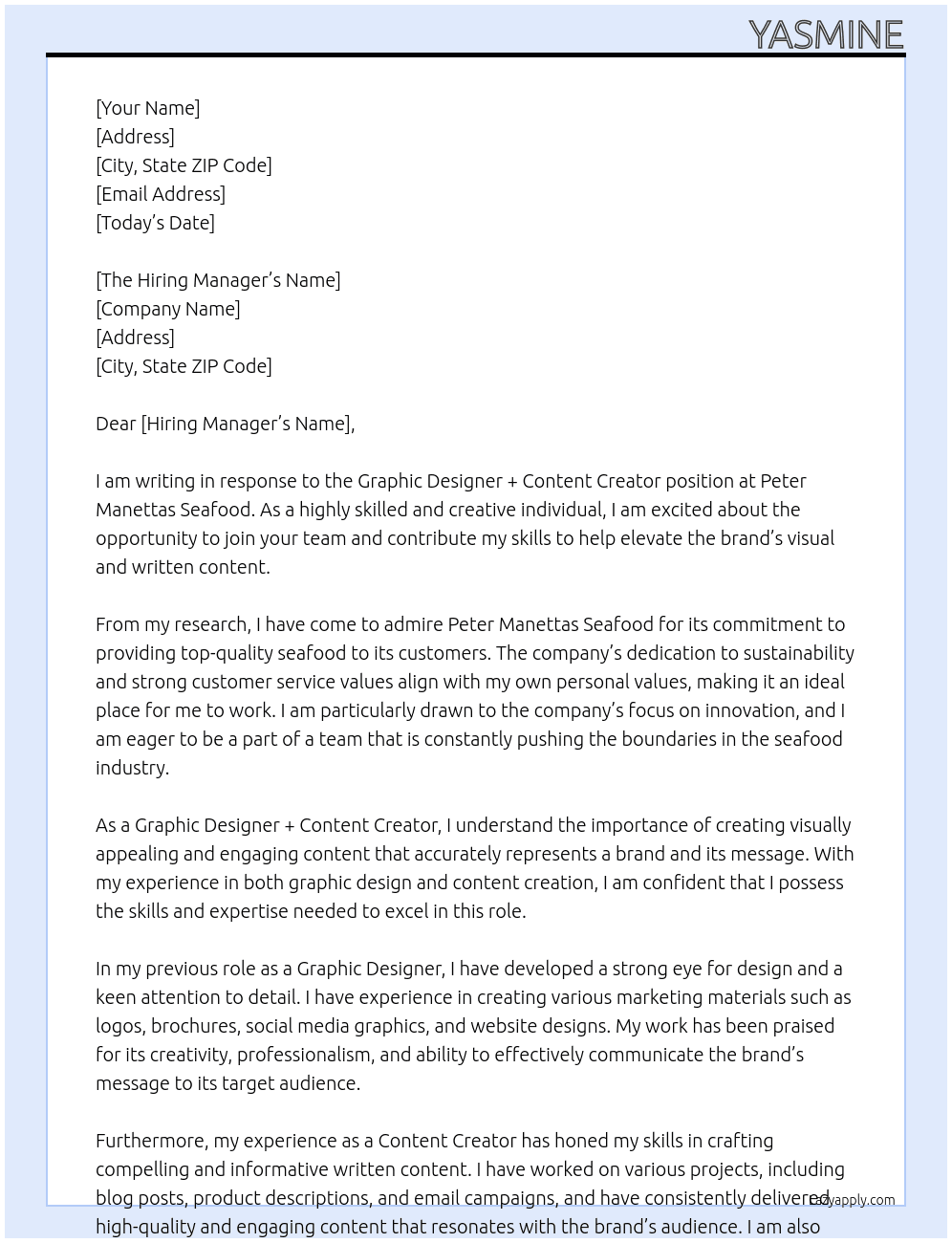 Graphic Designer + Content Creator At Peter Manettas Seafood Cover Letter