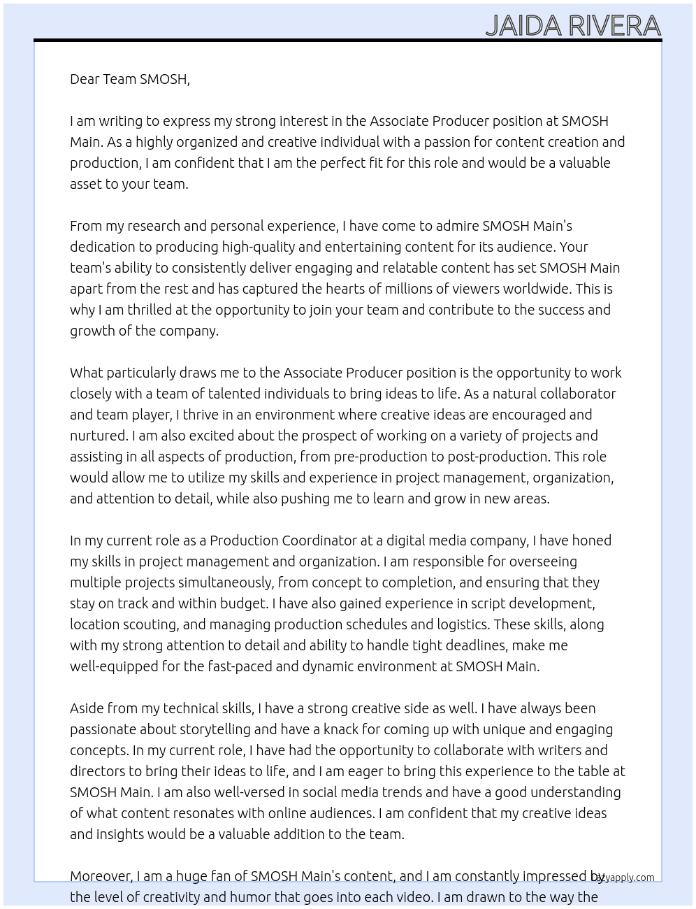Associate Producer At SMOSH Main Cover Letter