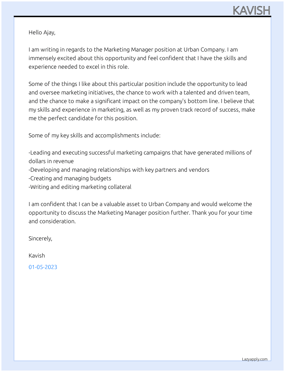 marketing manager At urban company Cover Letter