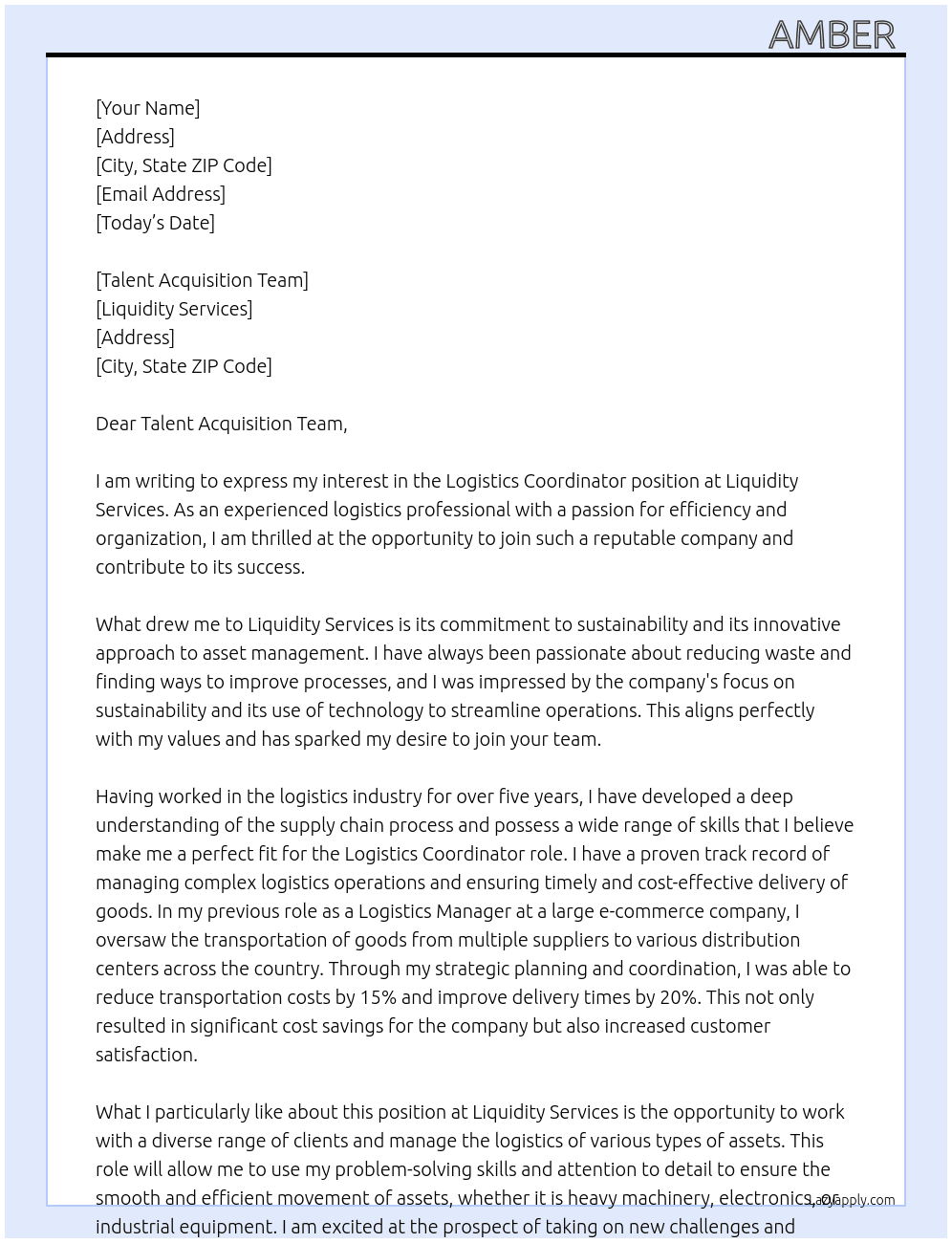 logistics coordinator At Liquidity Services Cover Letter