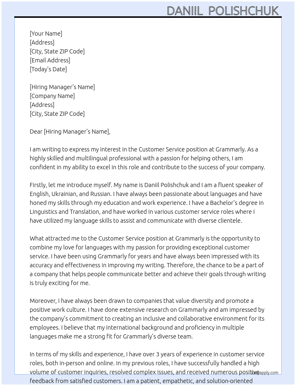 Costumer service  At Grammarly  Cover Letter