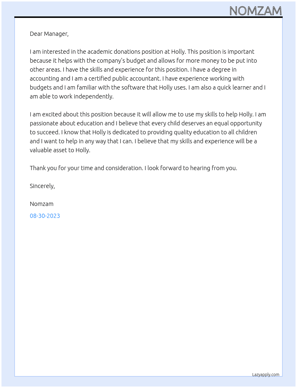 Academic donations At Holly Cover Letter