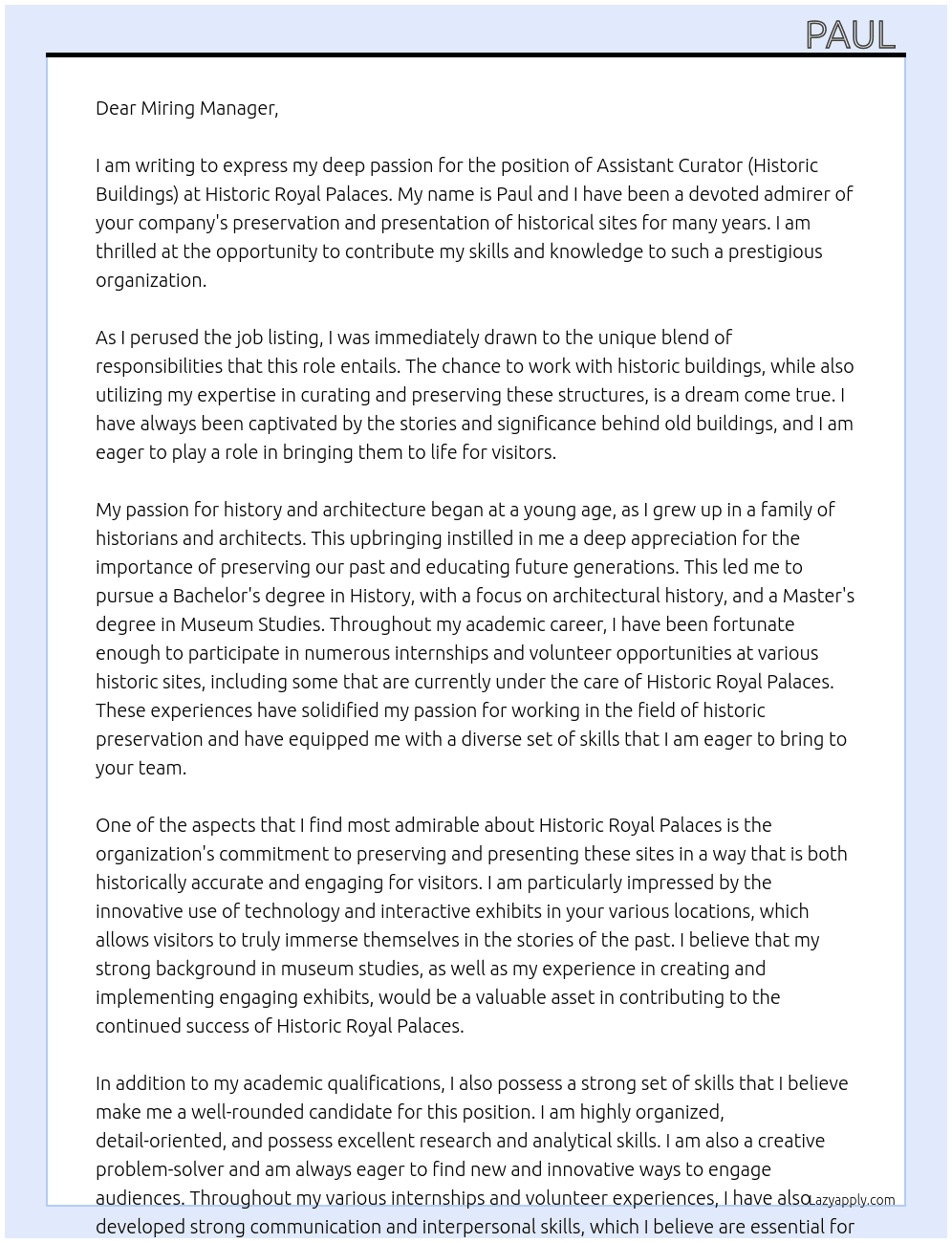 Assistant Curator (Historic Buildings) At Historic Royal Palaces Cover Letter