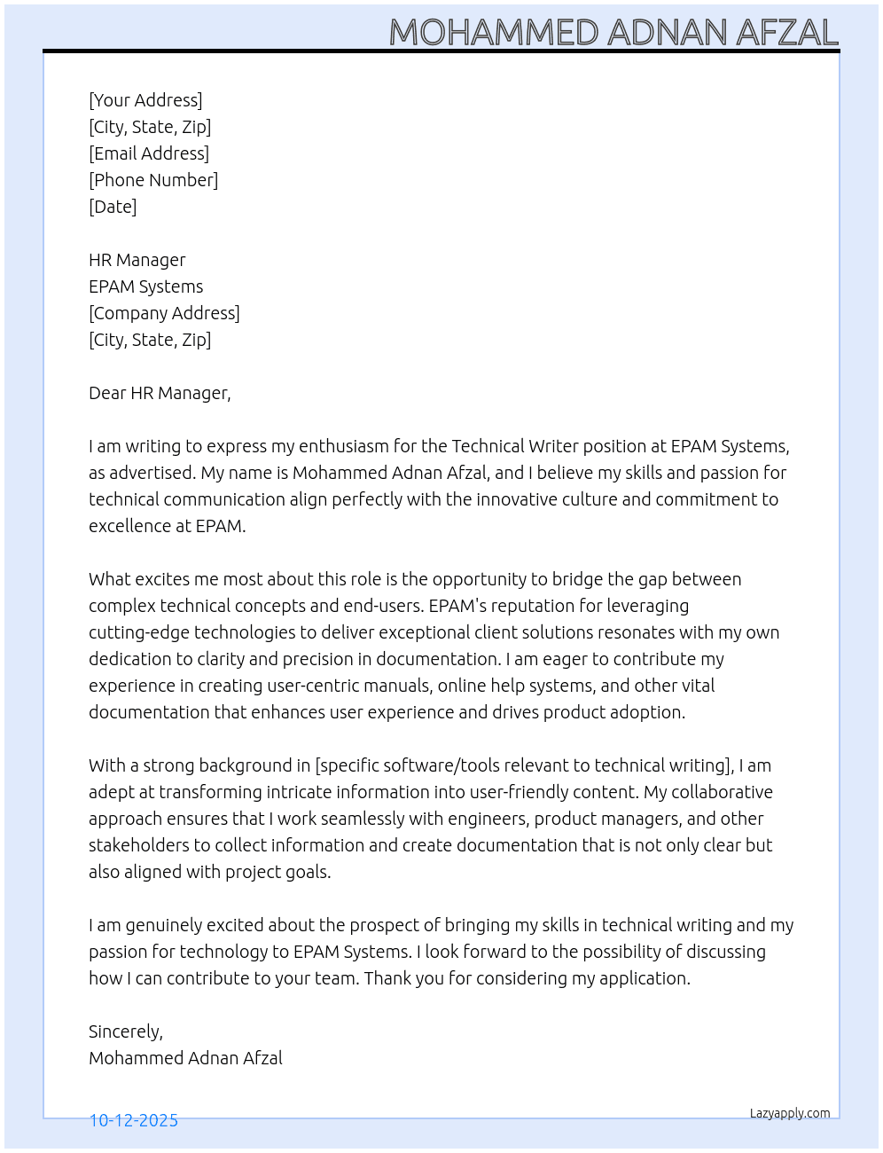 technical writer At EPAM Systems Cover Letter