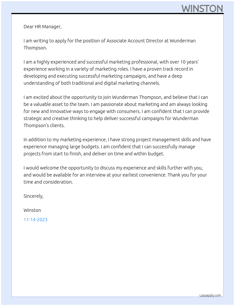 Associate Account Director At Wunderman Thompson Cover Letter