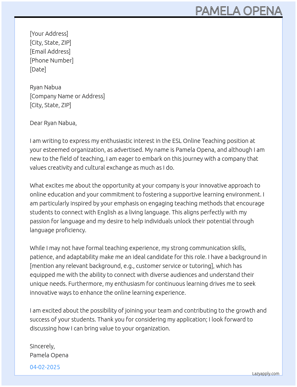 ESL Online Teaching No Experience At Ryan Nabua Cover Letter