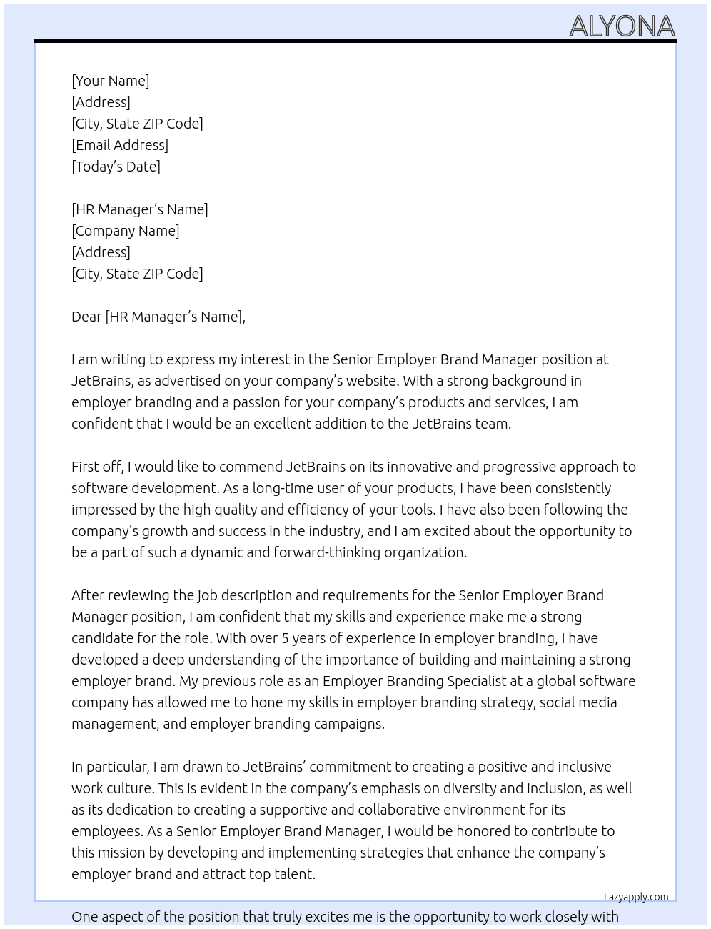 Senior Employer Brand Manager At JetBrains Cover Letter
