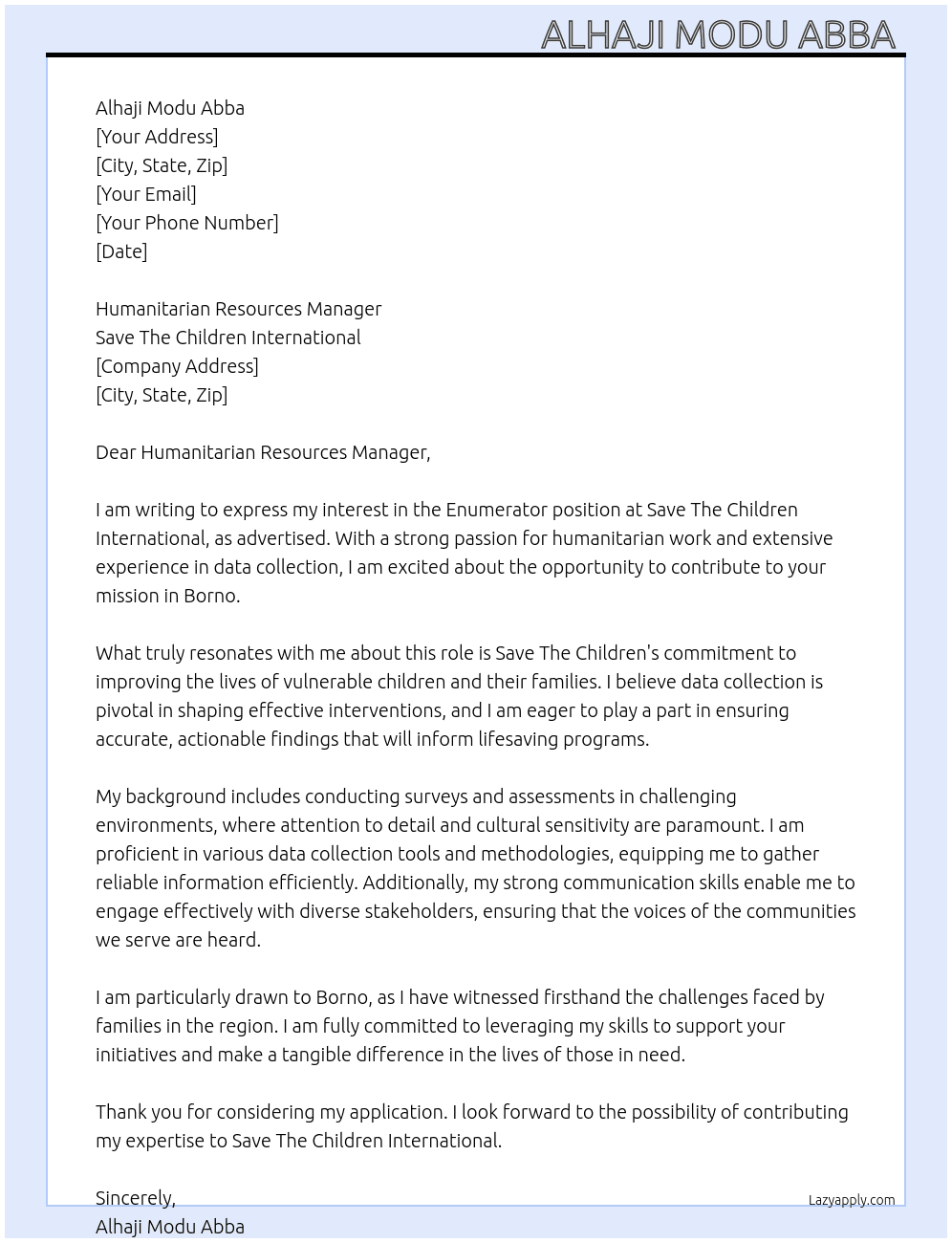 Enumerator  At Save The Children International  Cover Letter