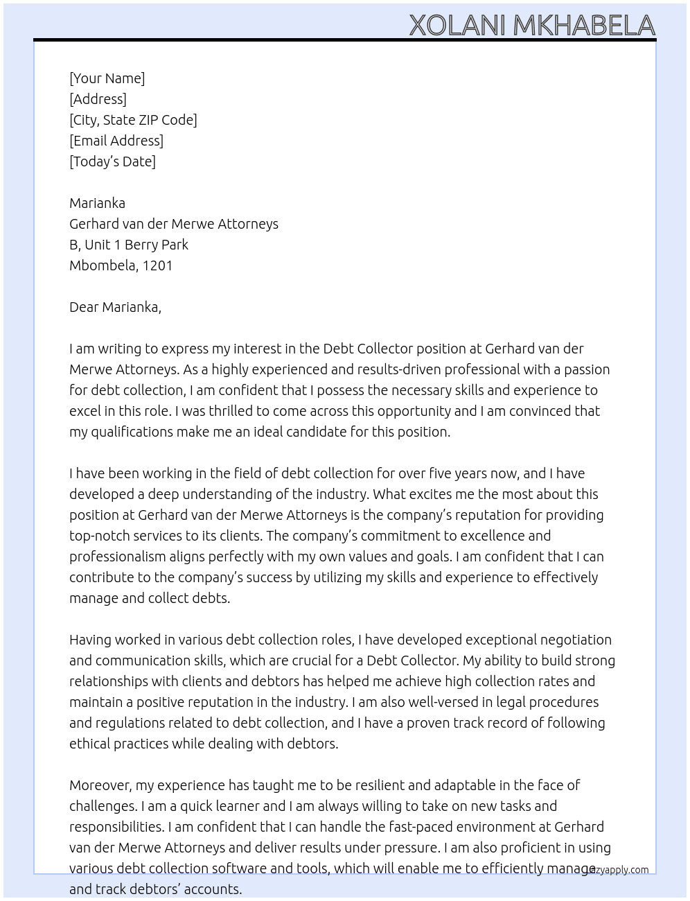 Debt Collector At Gerhard van der Merwe Attorneys Cover Letter