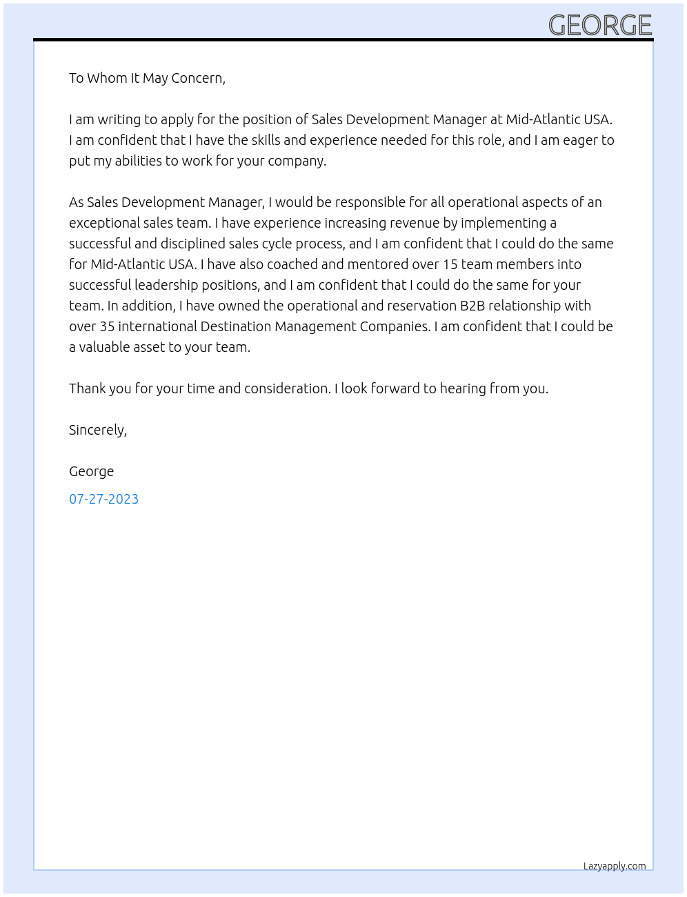  Sales Development Manager - Mid-Atlantic USA At  Sales Development Manager - Mid-Atlantic USA Cover Letter