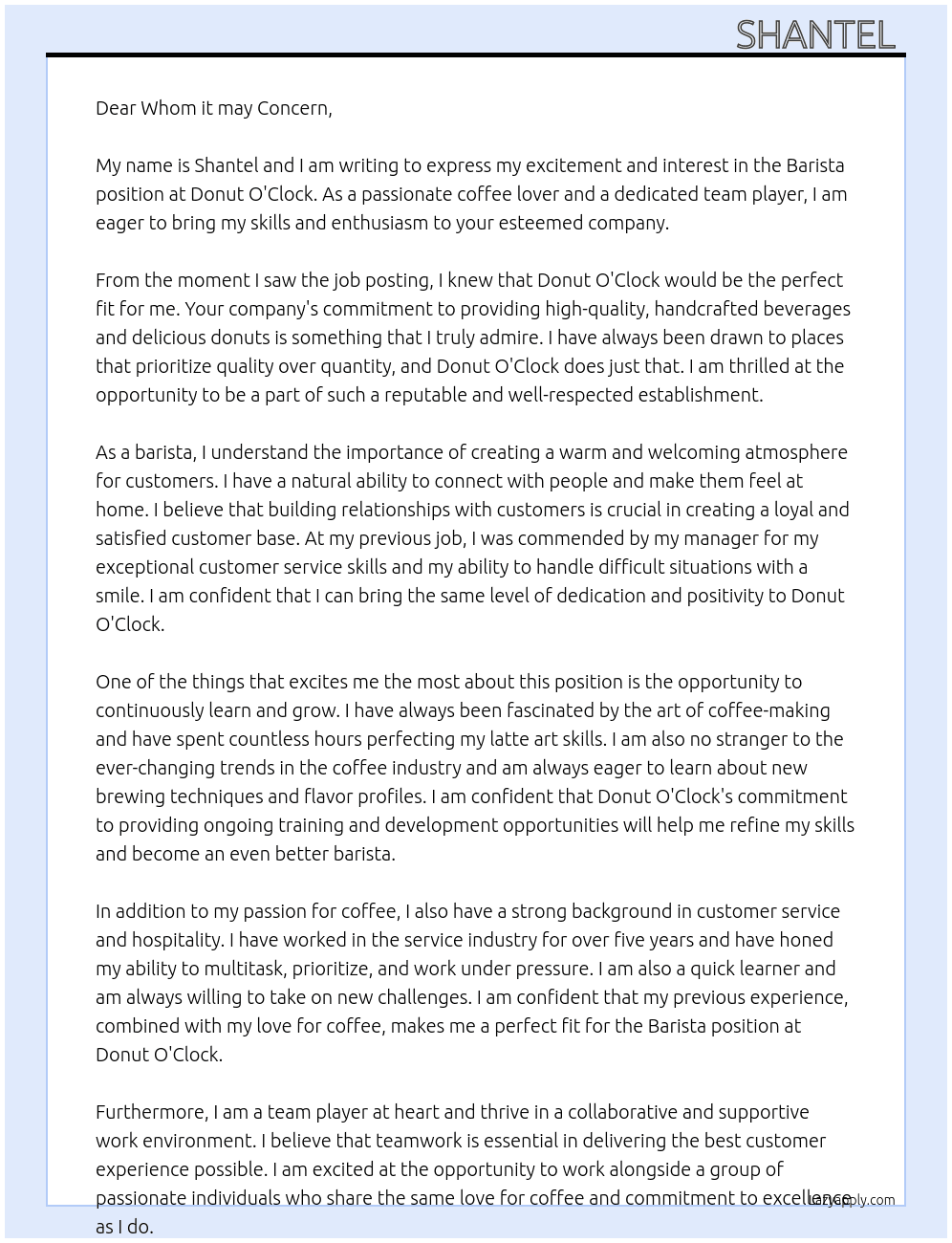 Barista At Donut O'Clock Cover Letter