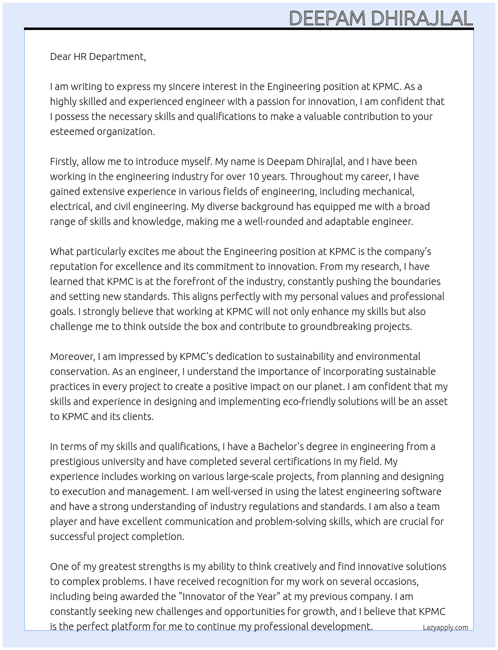 Engineering  At KPMC Cover Letter