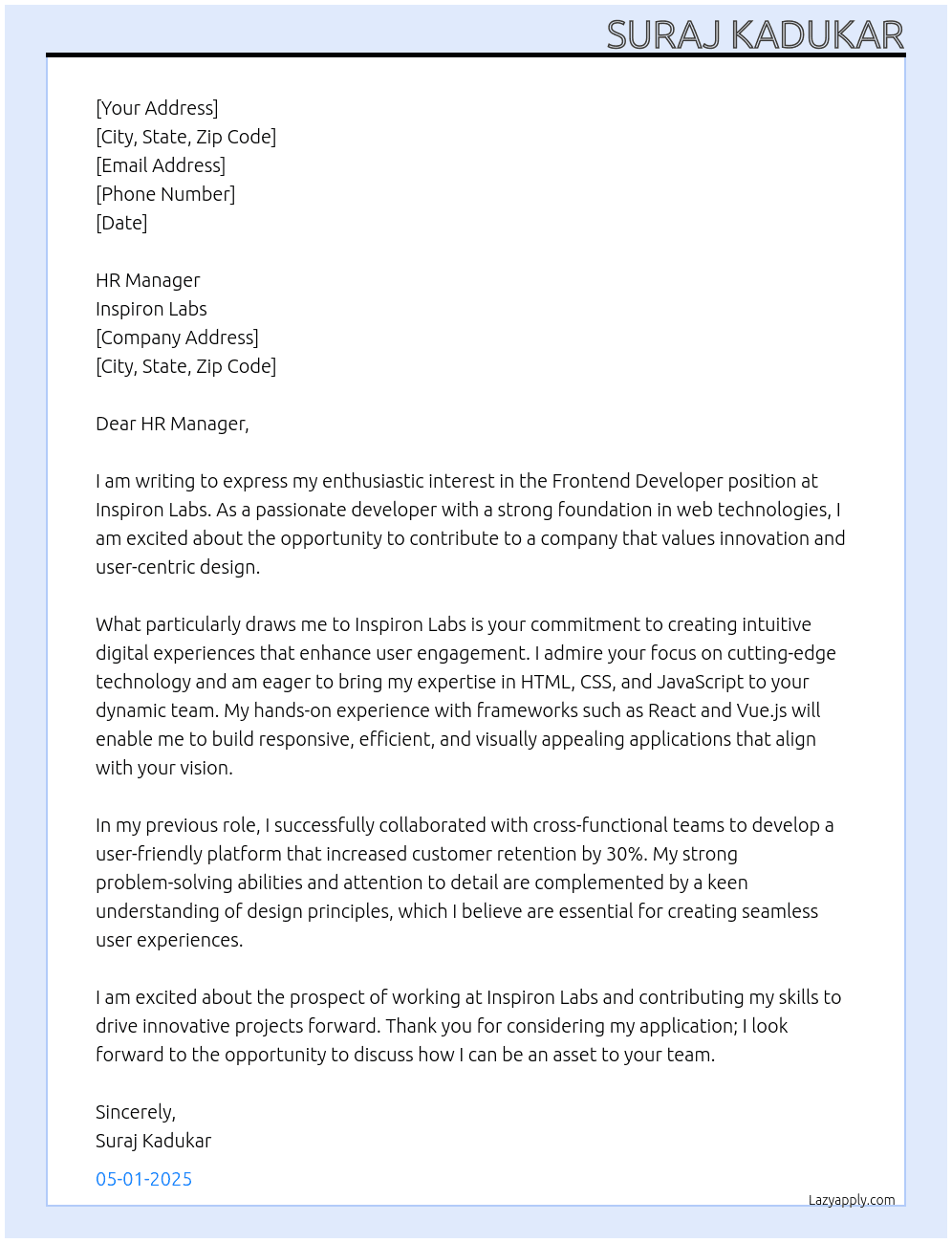 Frontend developer At inspiron labs Cover Letter