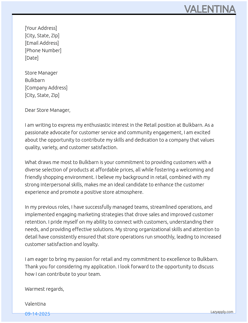 Retail At Bulkbarn Cover Letter