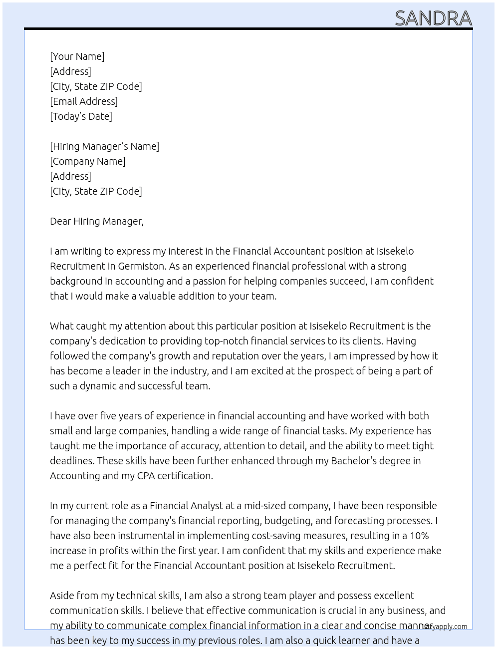 Financial Accountant  At Isisekelo Recruitment  Cover Letter
