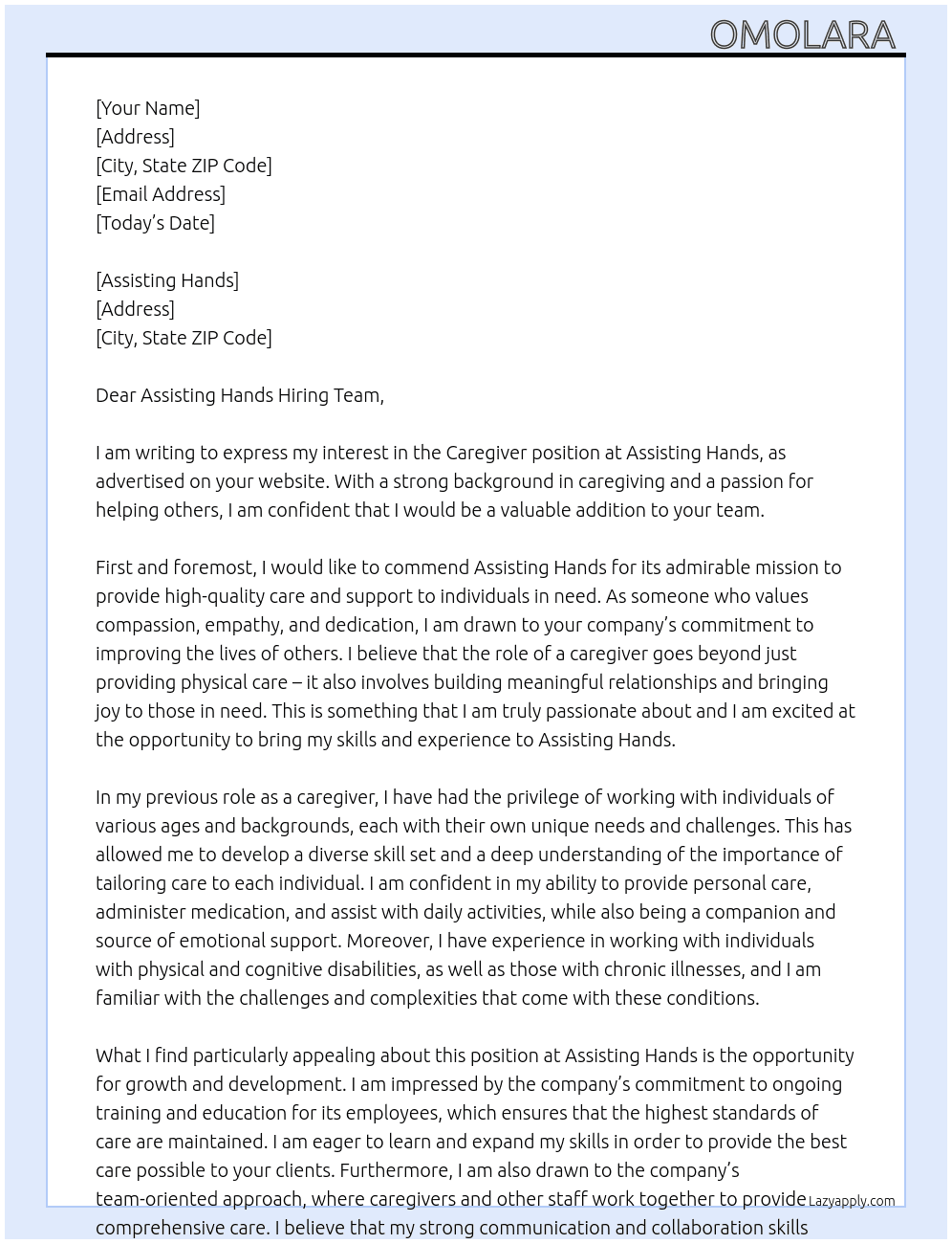 Caregiver  At Assisting Hands Cover Letter