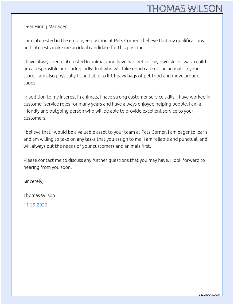 Employee  At Pets Corner  Cover Letter