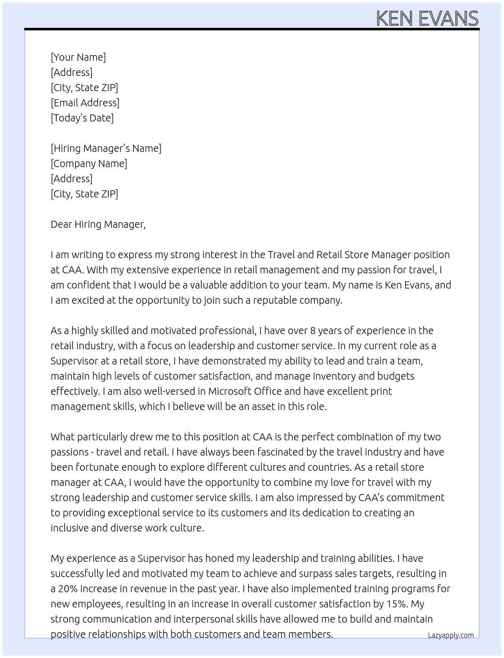 Travel and Retail Store Manage At CAA Cover Letter