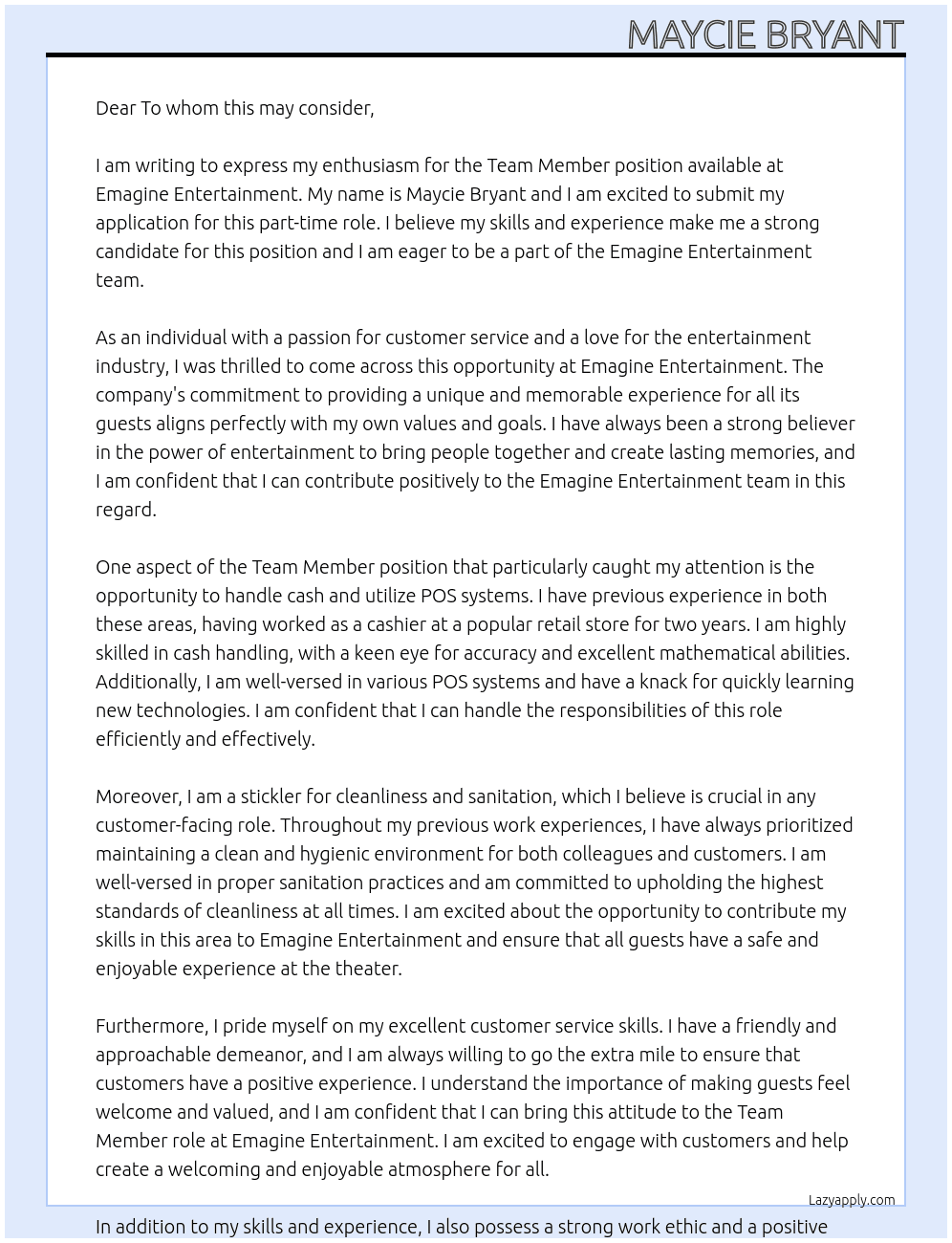 Team Member At Emagine Entertainment Cover Letter