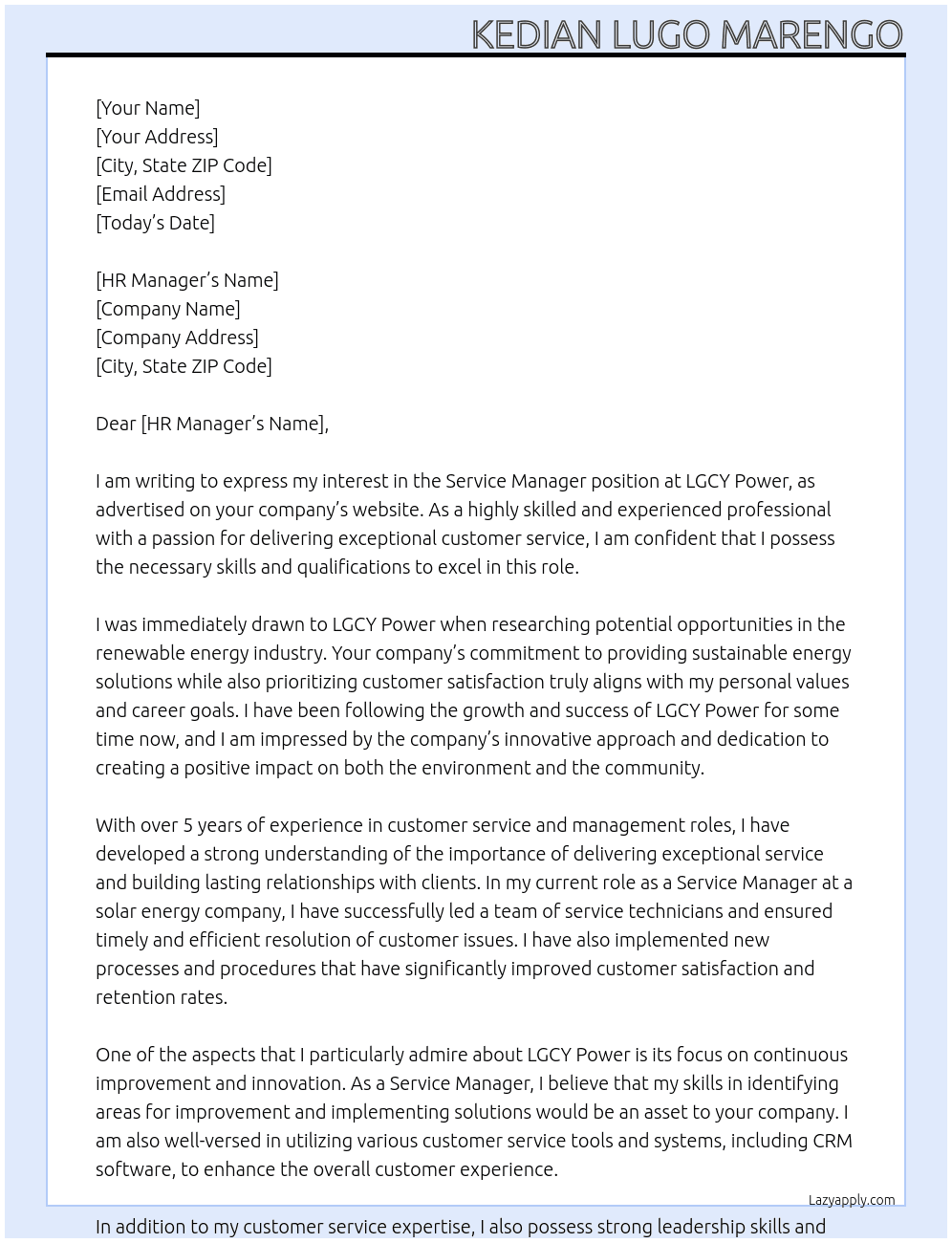 Service manager  At LGCY Power Cover Letter