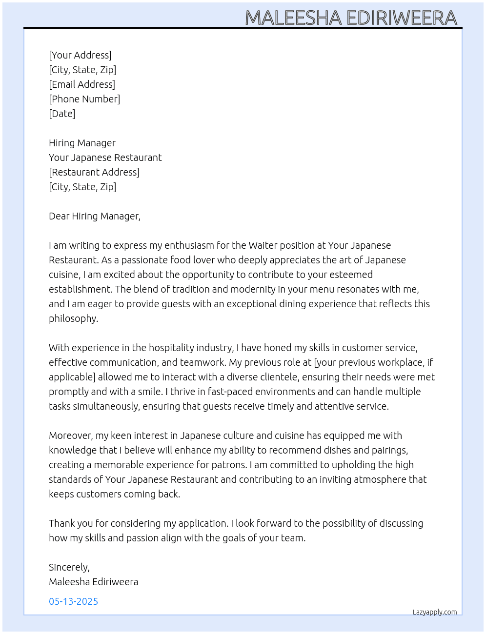 Waiter At Your japanese restaurant  Cover Letter