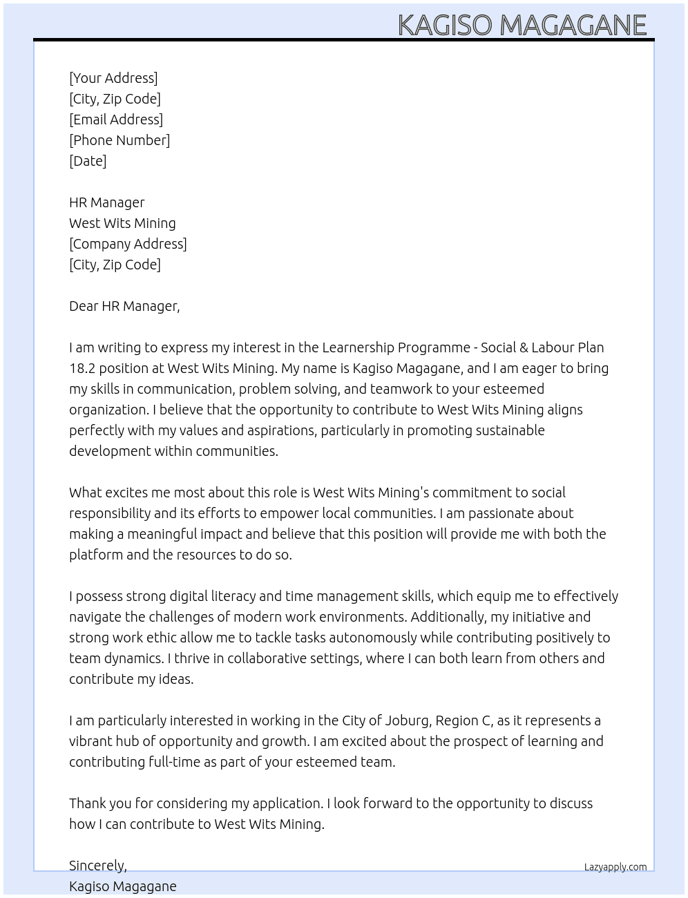 Learnership programme-social & labour plan 18.2 At West Wits mining  Cover Letter
