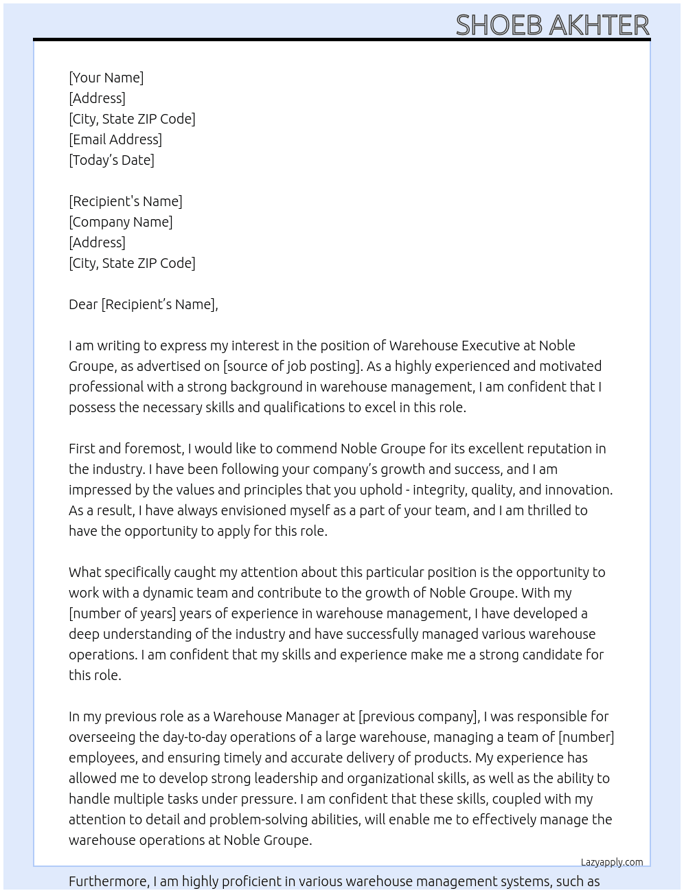 warehouse executive At noble groupe Cover Letter