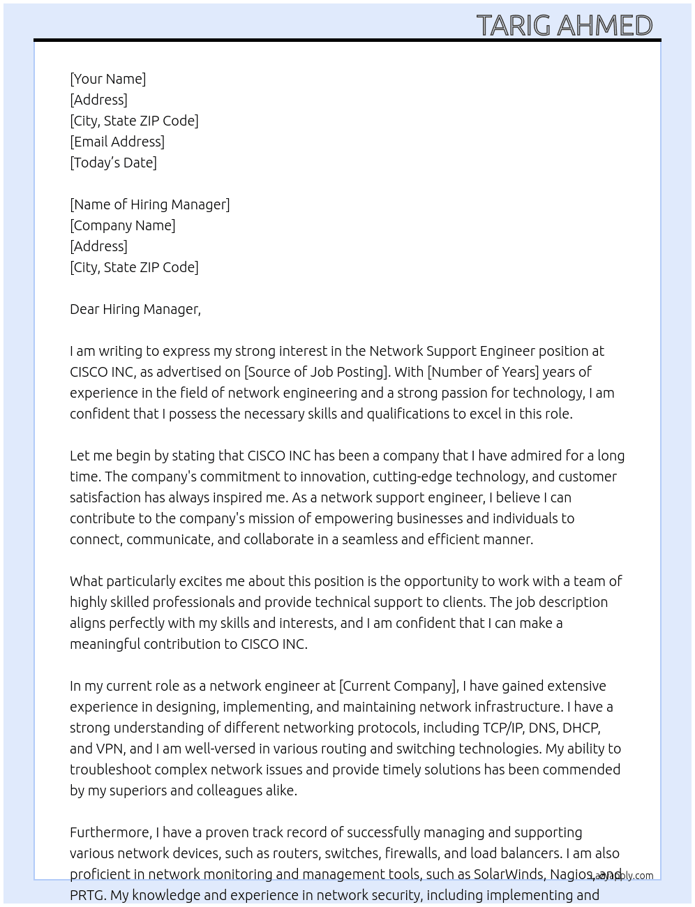 network support engineer  At CISCO INC  Cover Letter