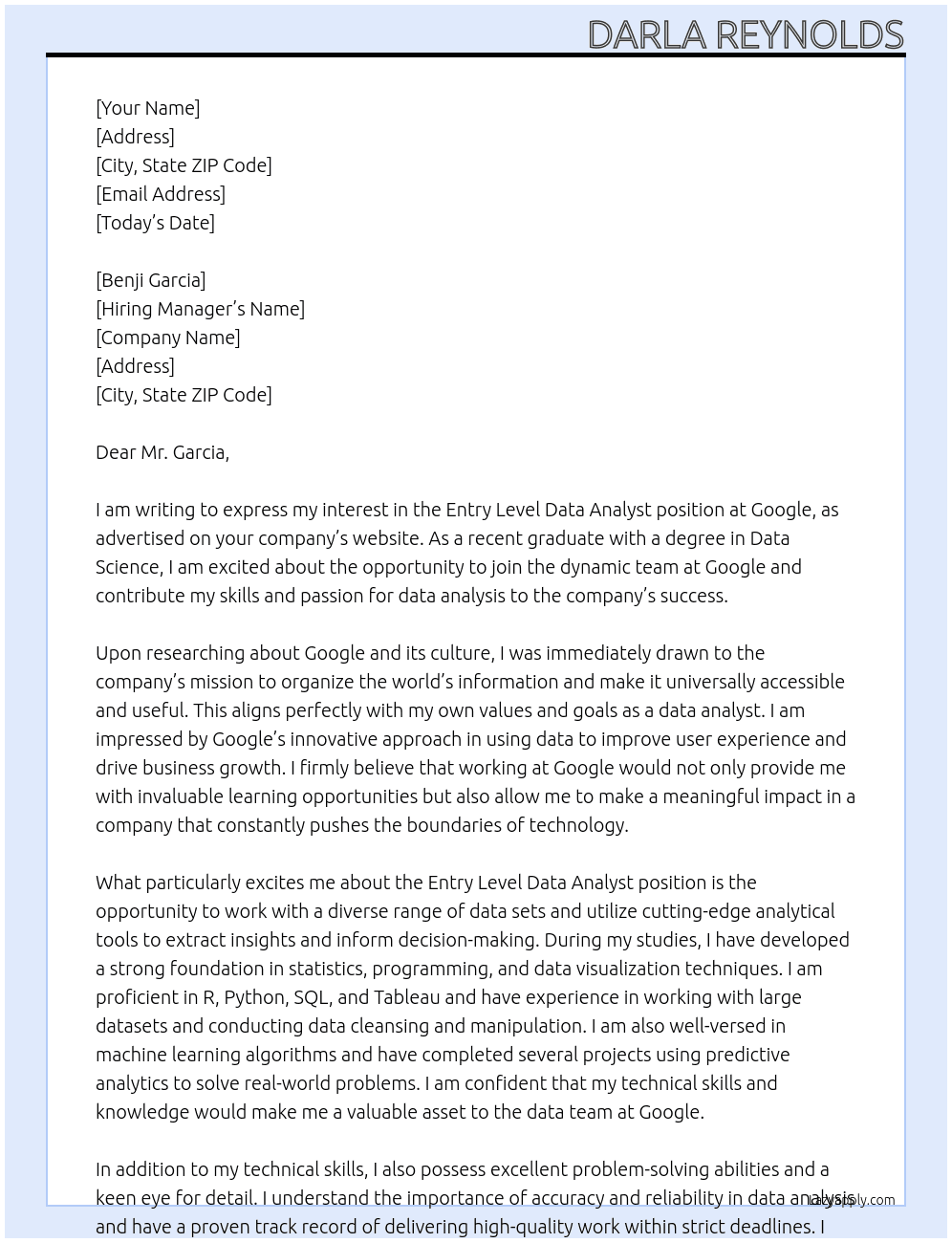 Entry Level Data Analyst At Google Cover Letter