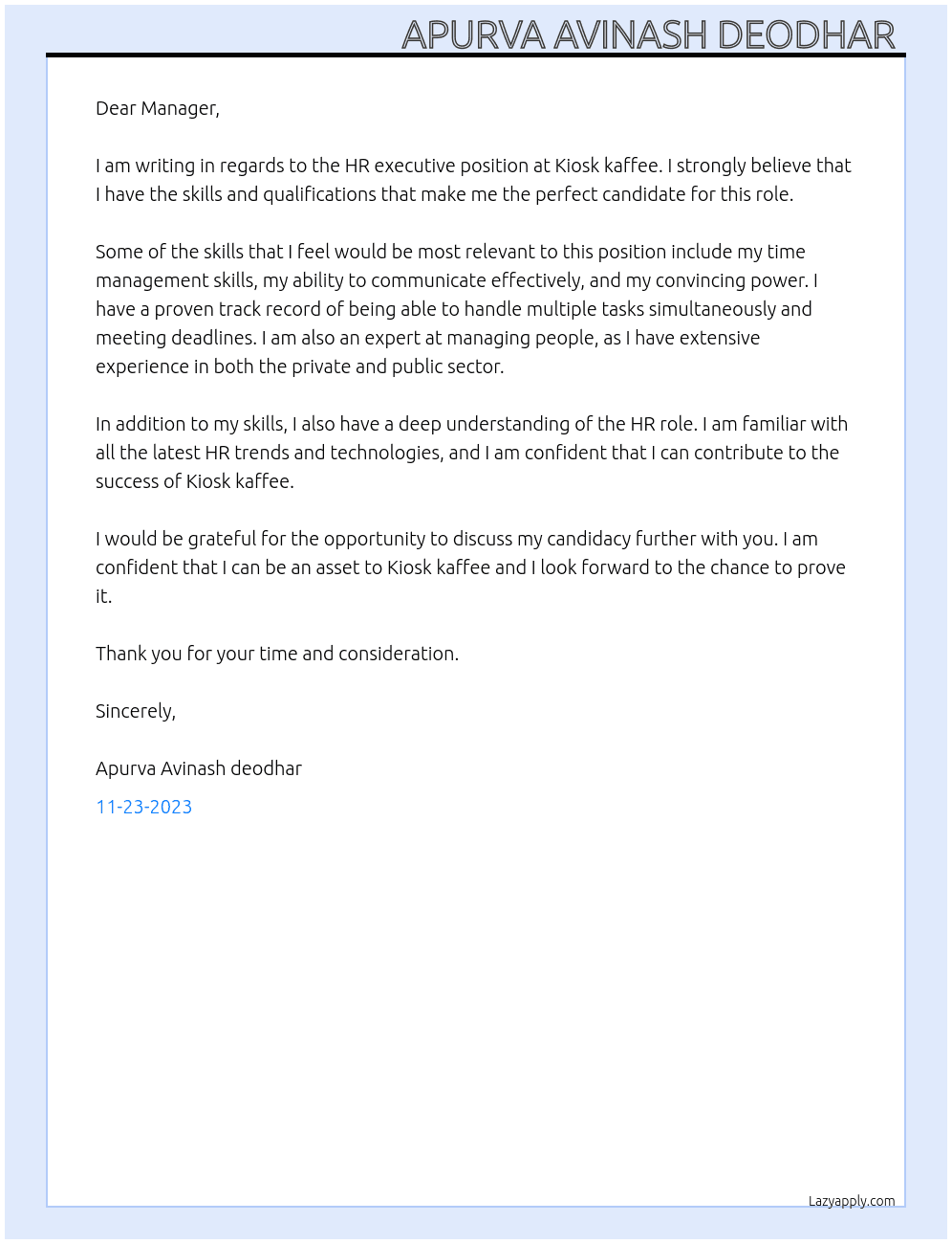 Hr executive At Kiosk kaffee Cover Letter