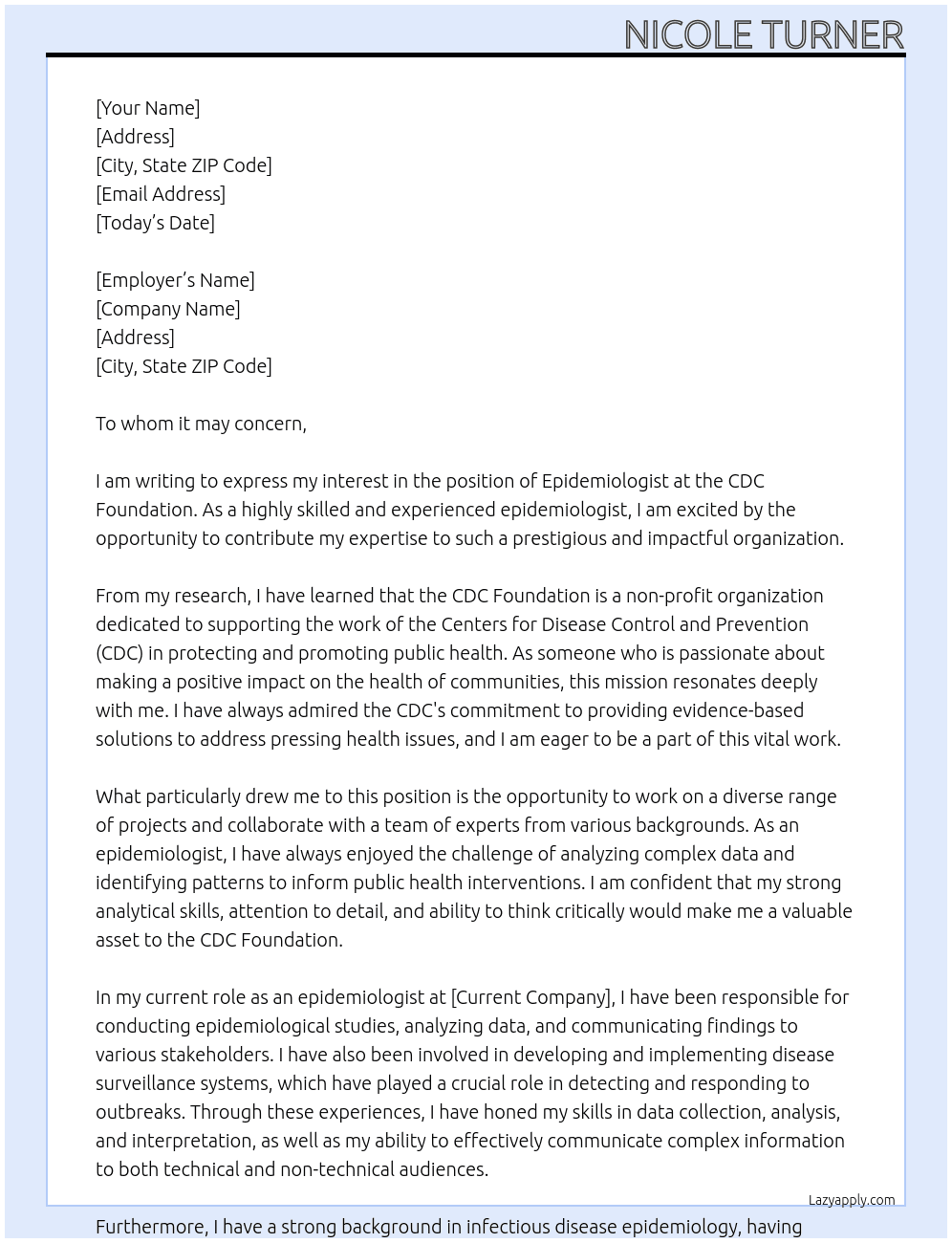Epidemiologist  At CDC Foundation Cover Letter