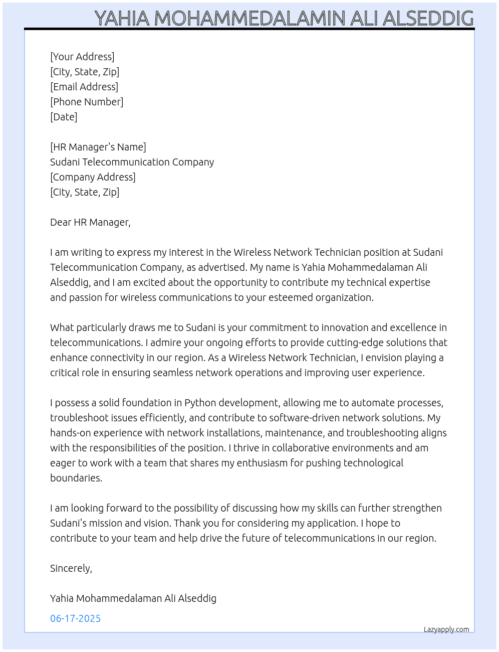 Cover letter for wireless network technican - LazyApply