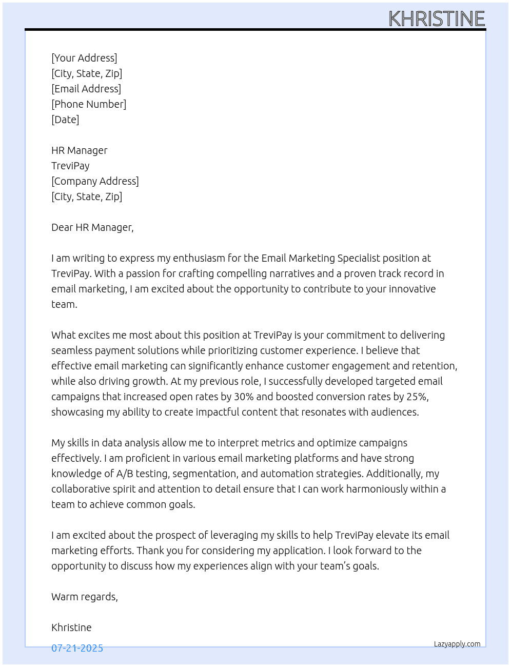 Email Marketing Specialist At TreviPay Cover Letter