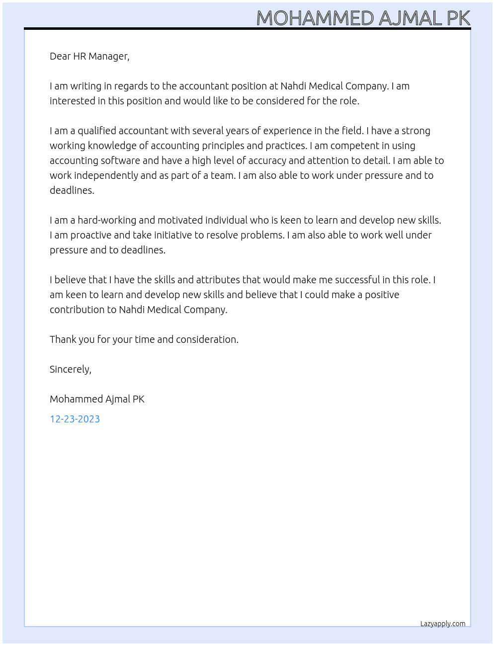 ACCOUNTANT At Nahdi Medical Company Cover Letter