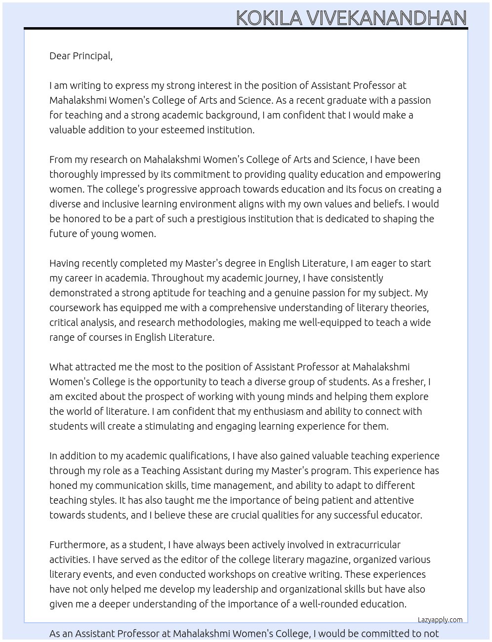 Assistant professor - fresher At Mahalakshmi Women's College of Arts and Science  Cover Letter