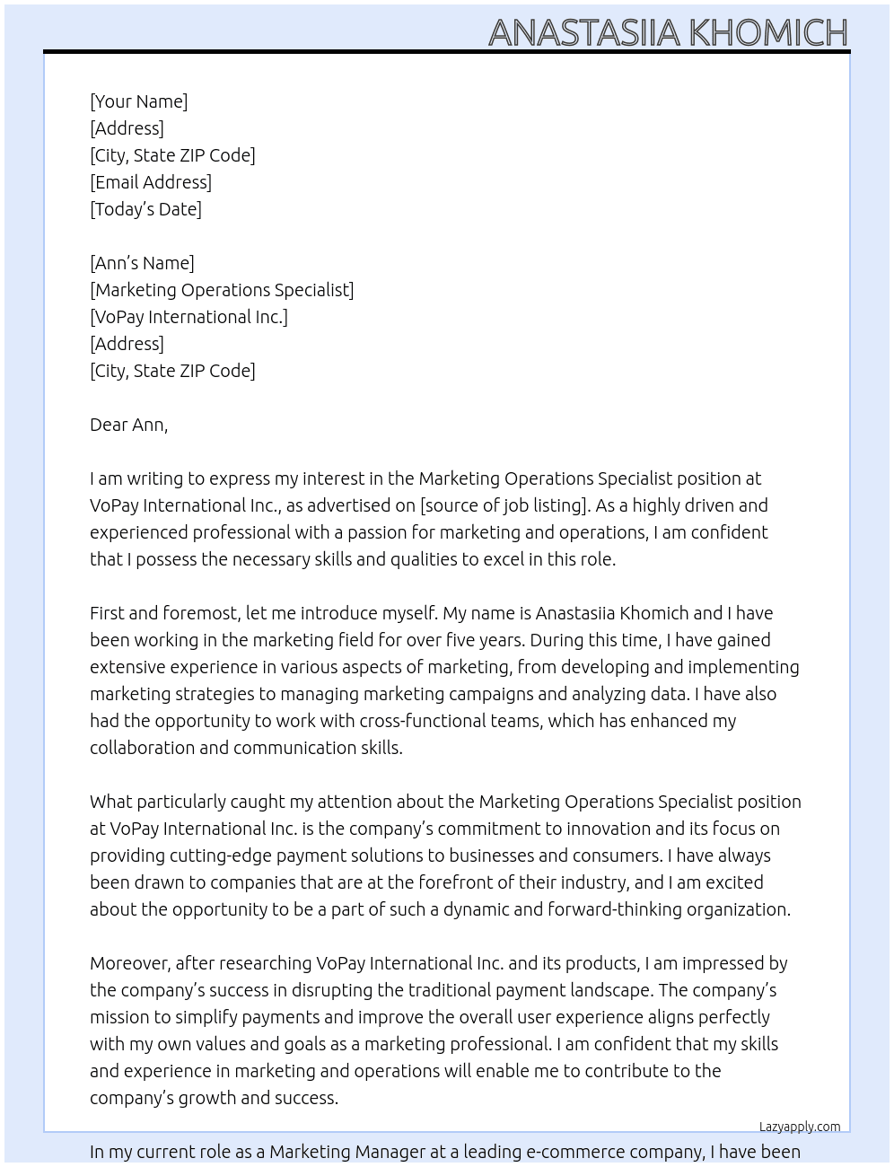 Marketing Operations Specialist At VoPay International Inc.  Cover Letter