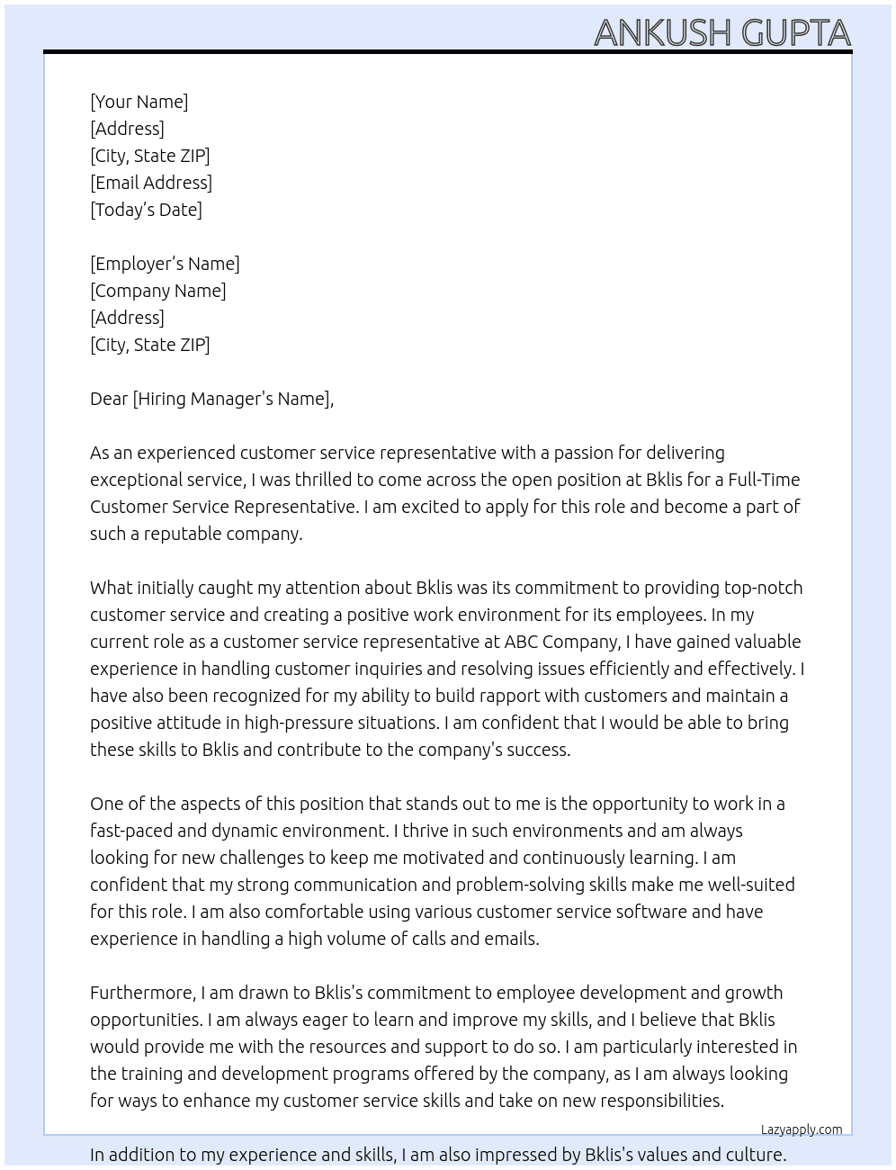 Customer service representative  At Bklis Cover Letter