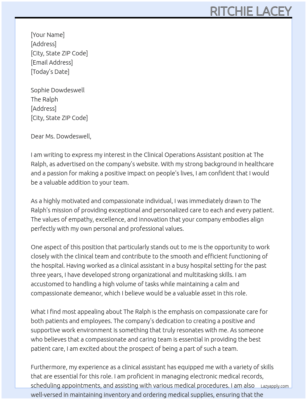 Clinical Operations Assistant At The Ralph Cover Letter