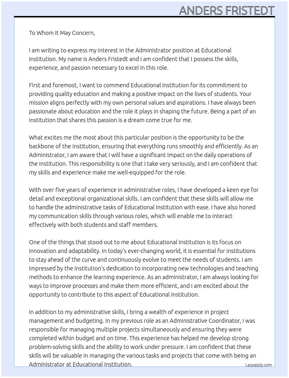 Administrator At Educational Institutiom Cover Letter