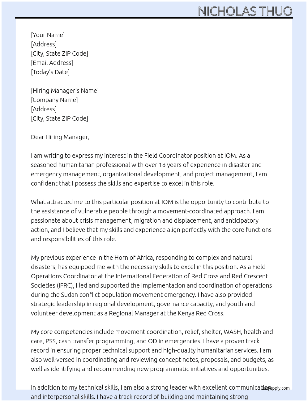Field Coordinator At IOM Cover Letter