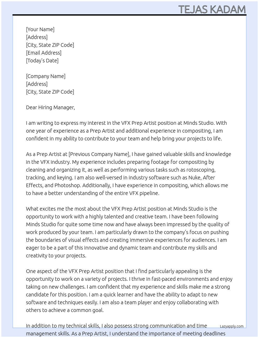VFX Prep Artist  At Minds Studio Cover Letter