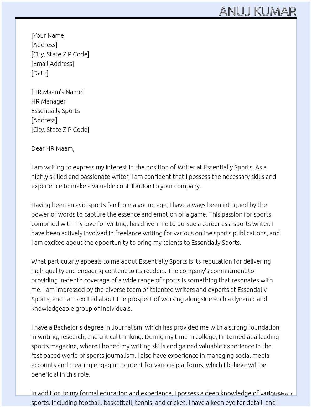 writer At Essentially Sports Cover Letter