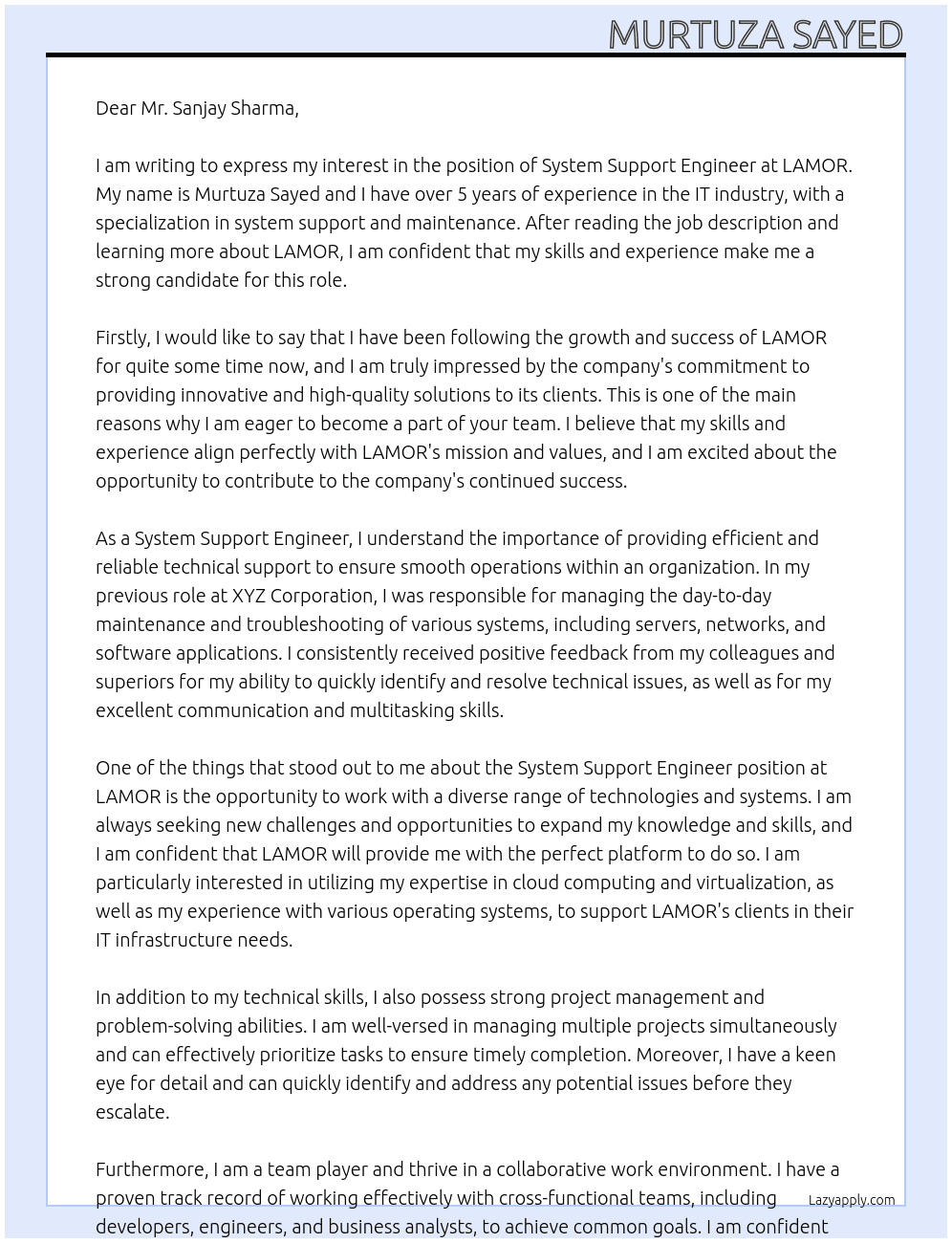 System Support Engineer At LAMOR Cover Letter