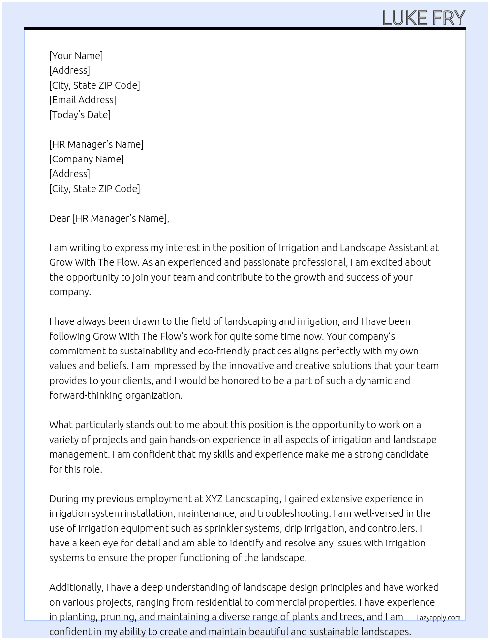 Irrigation and landscape assistant At Grow With The Flow Cover Letter