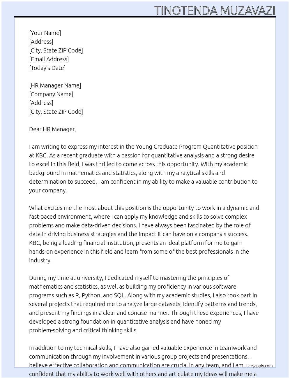 Young Graduate Program Quantitative At KBC Cover Letter